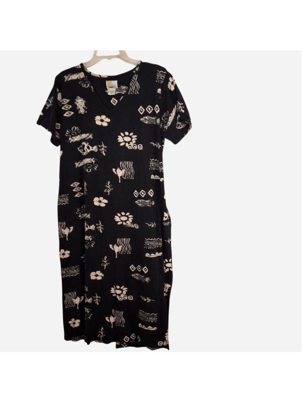 Daffodil by Loungers black cotton dress white beaded beach fish coastal Medium